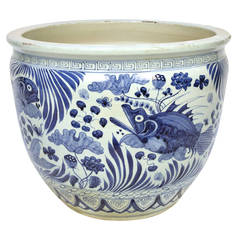 Vintage Blue and White Chinese Fish Bowl