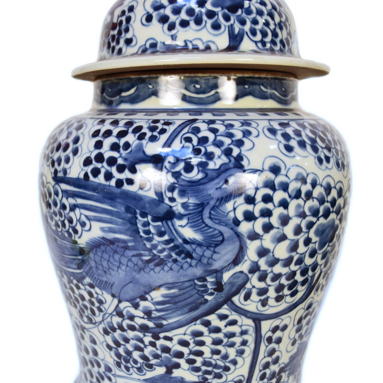  Chinese Blue and White Phoenix with Fruit on the Vine Bluster Jar In Excellent Condition In Chicago, IL