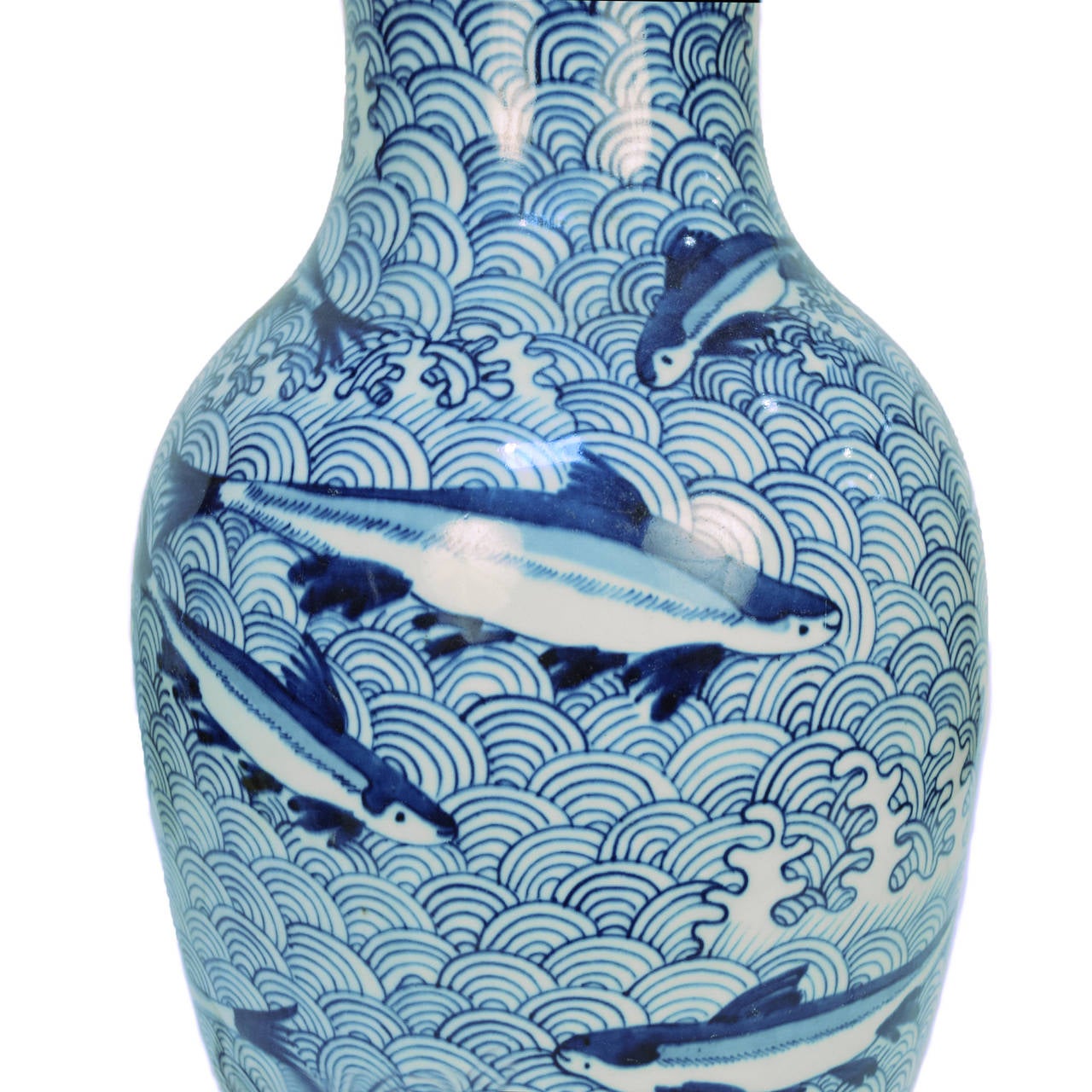 Blue and White Fish and Wave Vase In Excellent Condition In Chicago, IL
