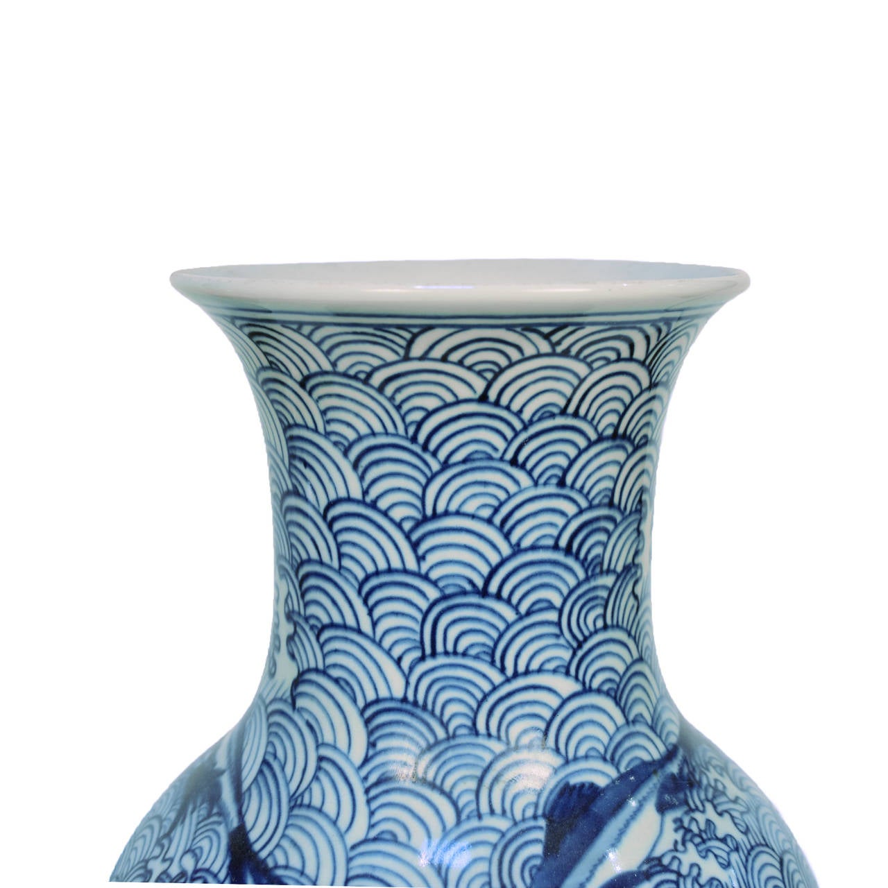 20th Century Blue and White Fish and Wave Vase