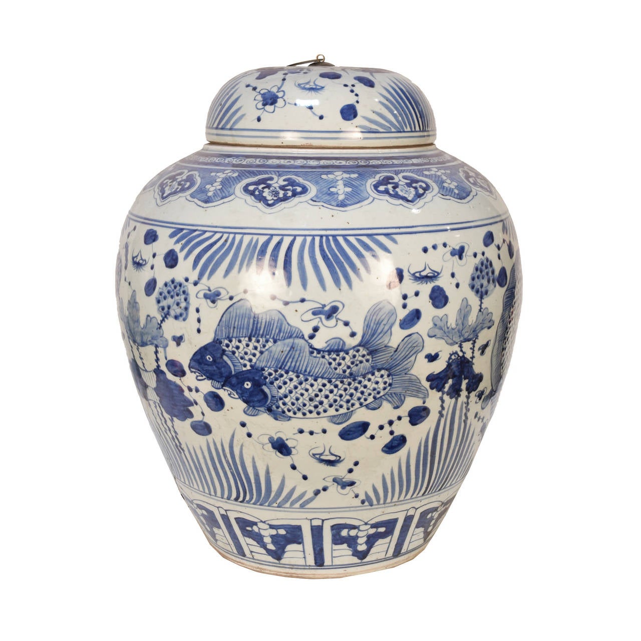 Early 20th Century Chinese Pair of Blue and White Tea Leaf Jars with Double Fish