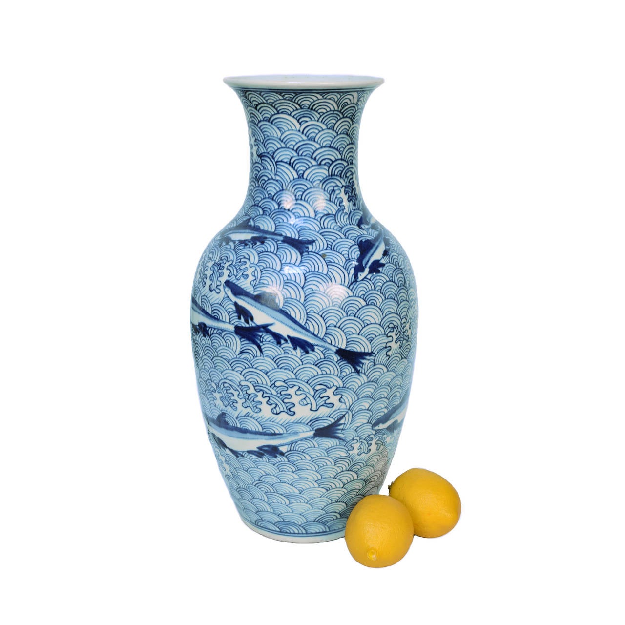 Chinese Blue and White Fish and Wave Vase