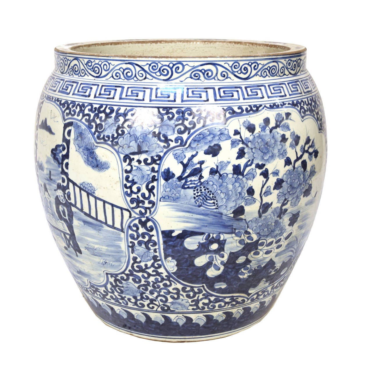20th century blue and white porcelain fish bowl with cartouche paintings of Chinese scholars.