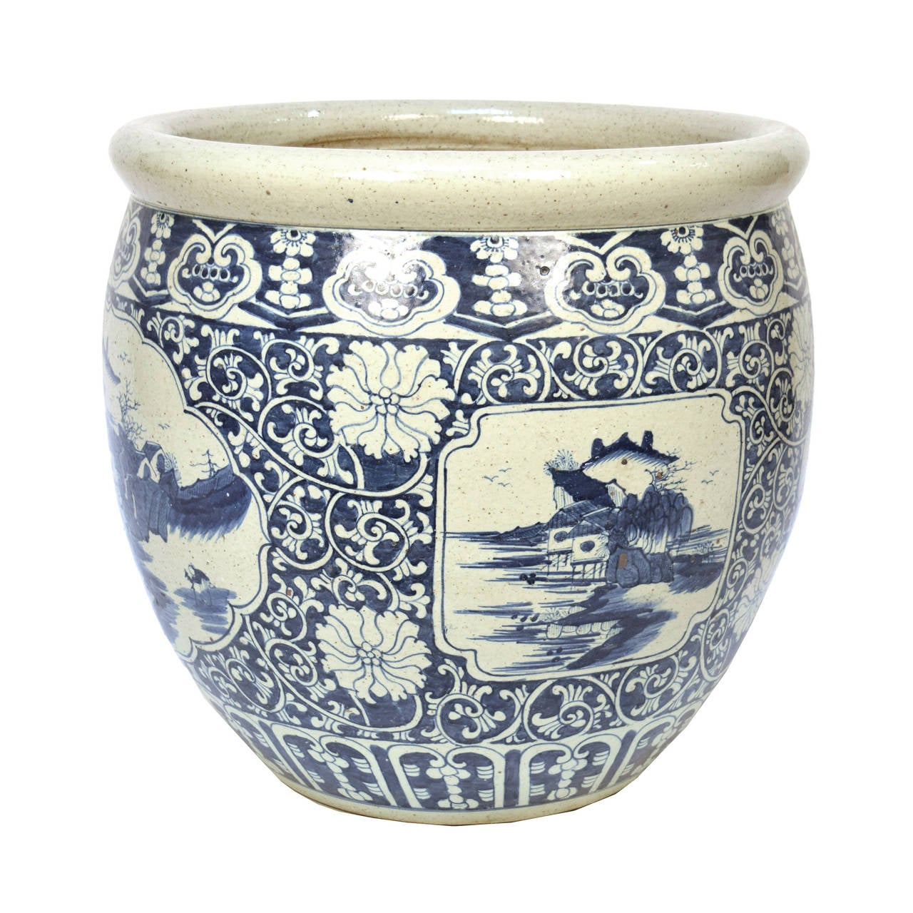 Chinese Vintage Blue and White Fish Bowl with Shan Shui Landscape