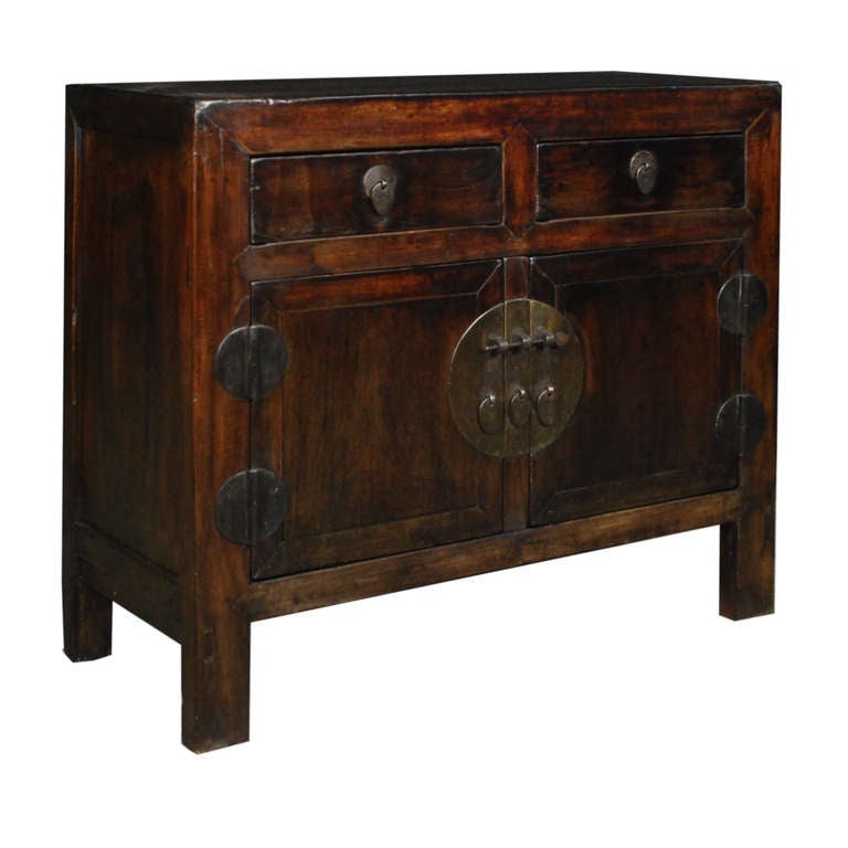 19th Century Chinese Two Door Two Drawer Square Corner Coffer In Excellent Condition In Chicago, IL