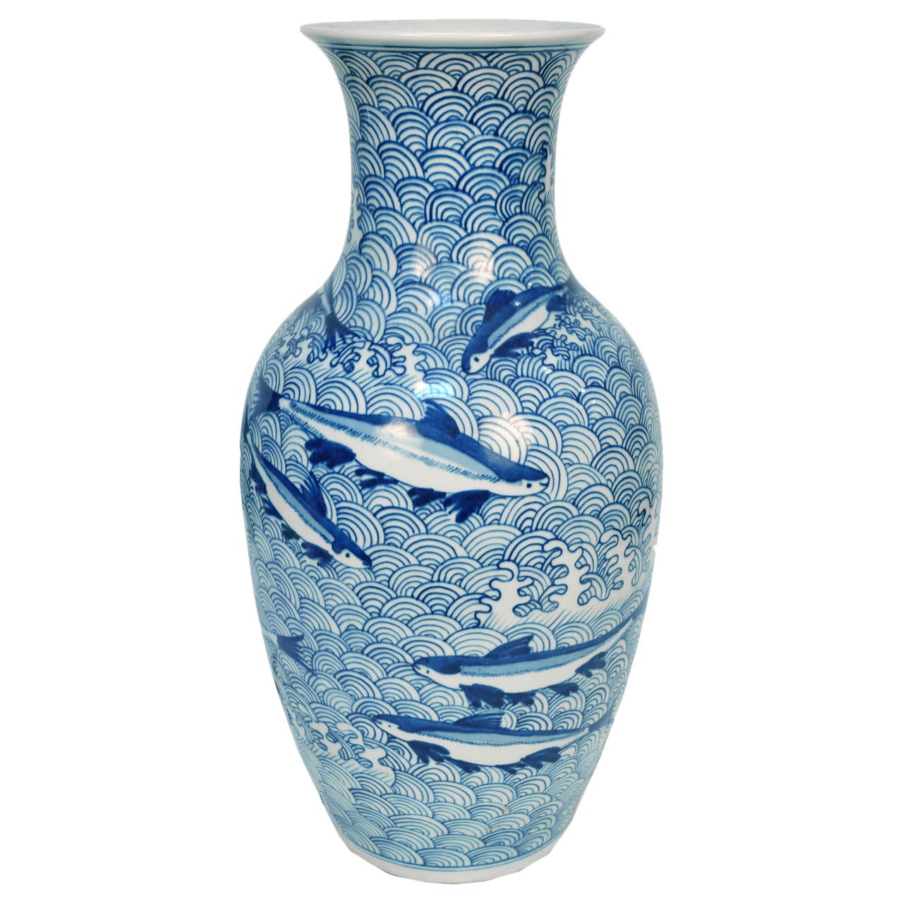 Blue and White Fish and Wave Vase