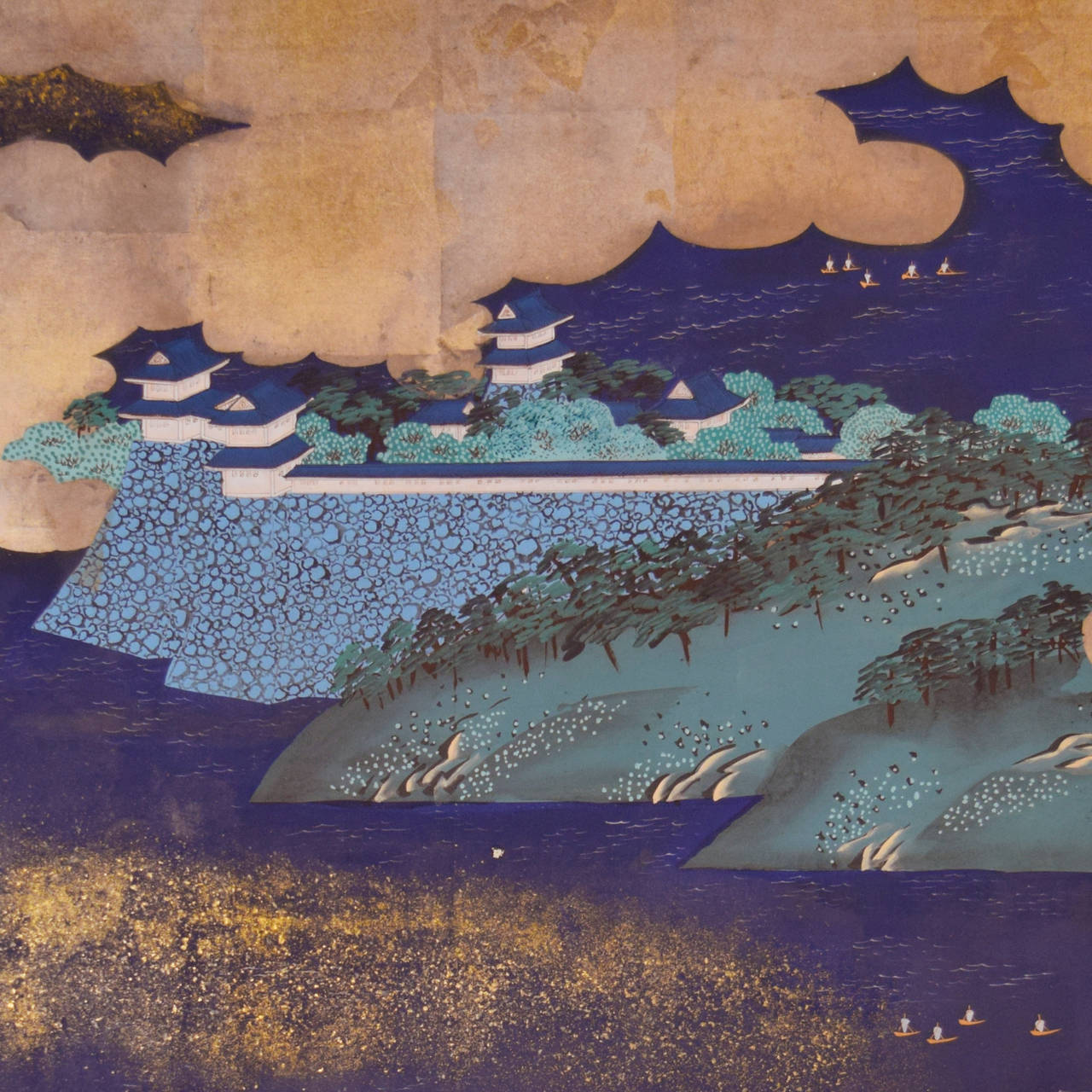 An impressive Meji period Japanese six-panel byobu screen from 1870-1900 depicting a palatial community compound on vibrant cliffs peeking through a morning fog of billowing gold leaf clouds, all overlooking a deep blue sea.