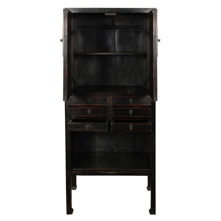 A 19th century Chinese elmwood apothecary cabinet, with two doors and six drawers with brass hardware, and a shelf below.