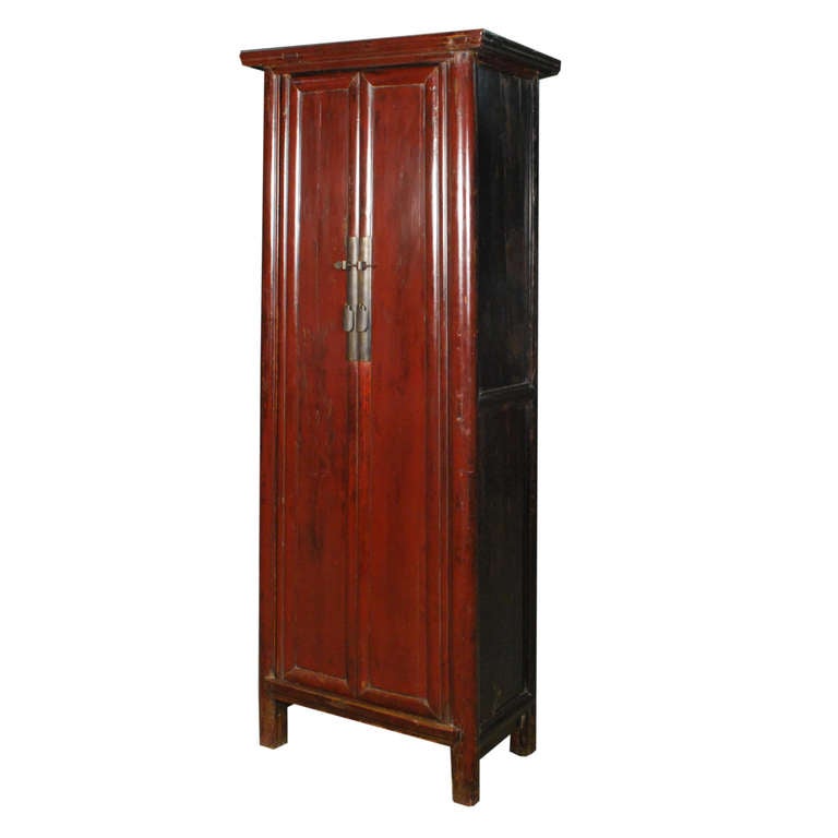 19th Century Chinese Two Door Red Lacquered Cabinet In Excellent Condition In Chicago, IL