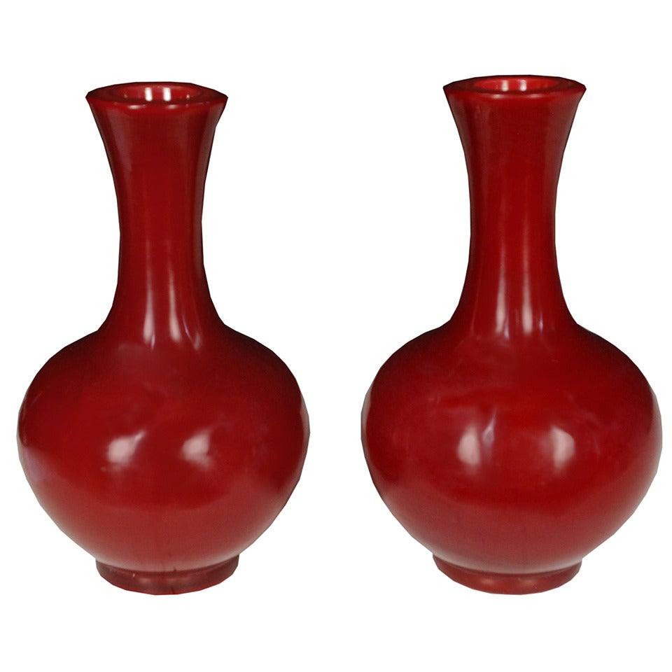 Pair of Early 20th Century Red Peking Glass Vases