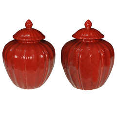 Pair of Chinese Oxblood Gourd Ginger Jars