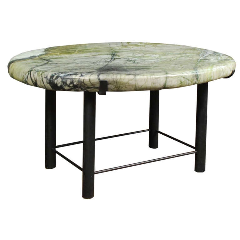 A gorgeous greenery stone slab atop a custom steel mount make this lovely table. Works great as a side table, coffee table, and even a bench.

Pagoda Red Collection # CLM004