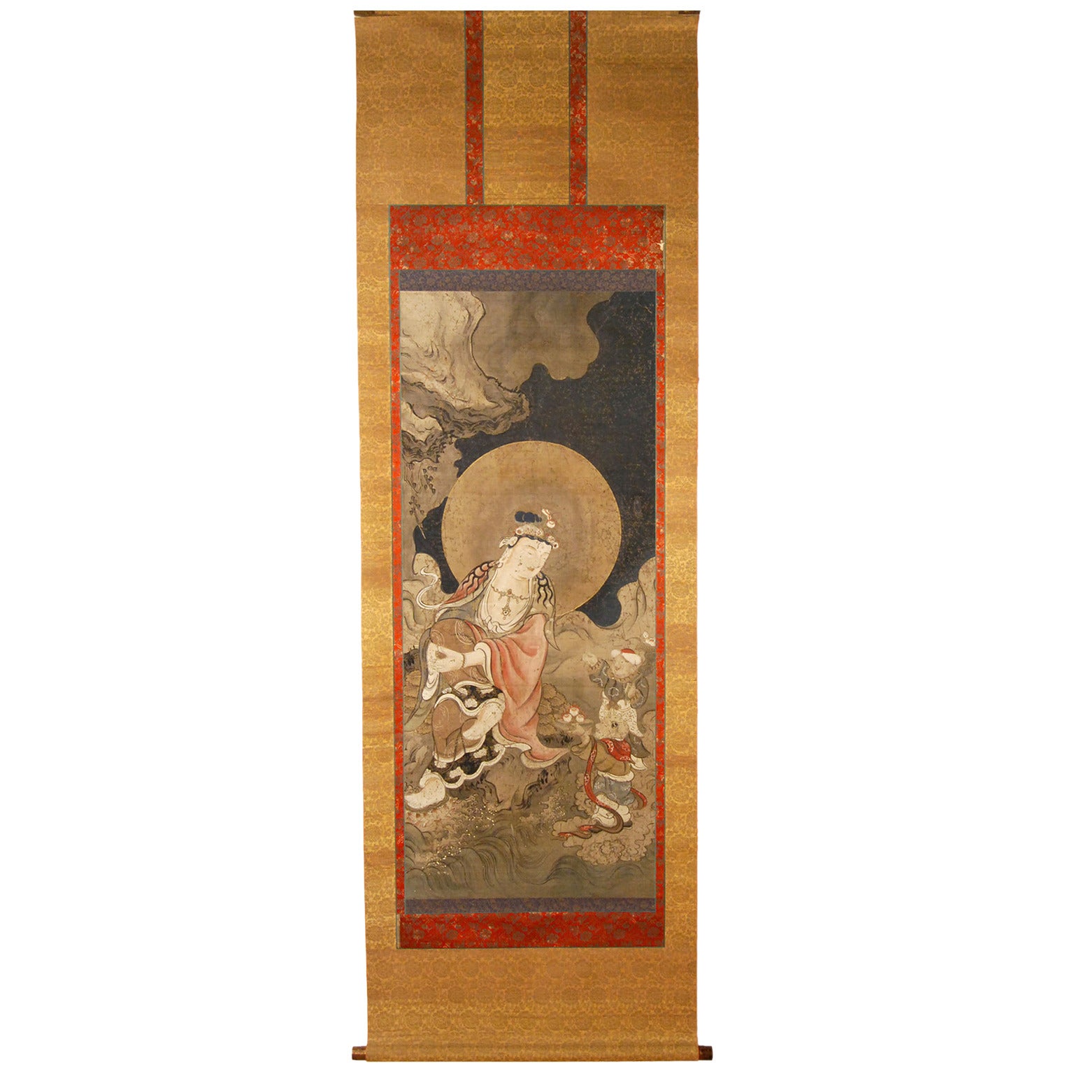 18th Century Japanese Buddhist Scroll Painting of Guanyin in Celestial Setting