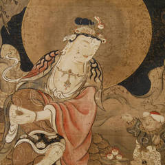 18th Century Japanese Buddhist Scroll Painting of Guanyin in Celestial Setting