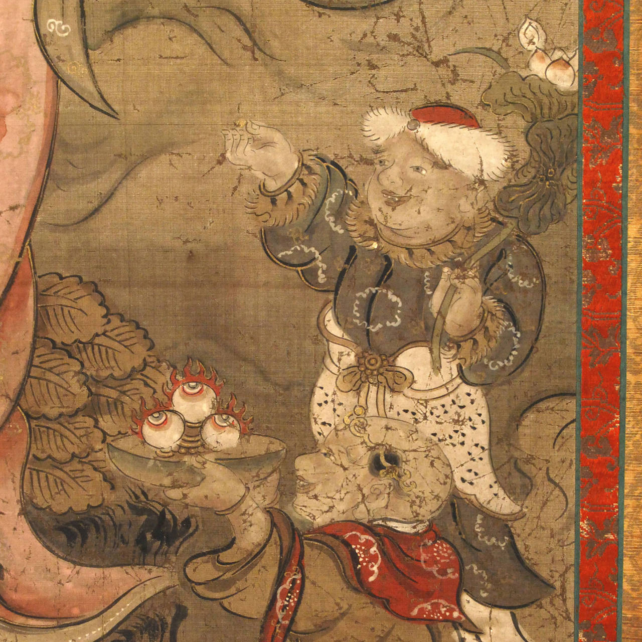 Hand-Painted 18th Century Japanese Buddhist Scroll Painting of Guanyin in Celestial Setting