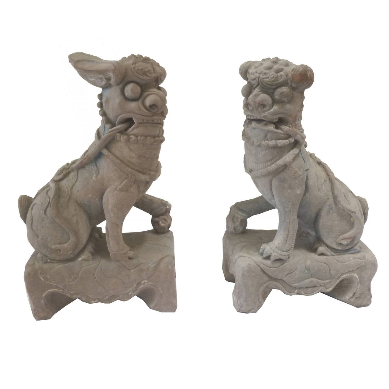 Stone lions have been used by the Chinese as guardians against bad elements since the Han dynasty. Through different dynasties, the shape, form and decorative motives change and evolve from abstract to realistic to stylistic incorporating symbolism
