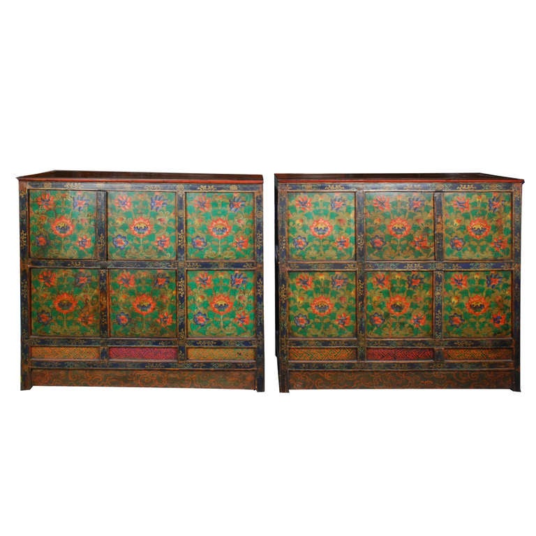Elm Pair of Painted Lotus Cabinets