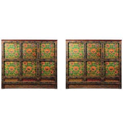Antique Pair of Painted Lotus Cabinets
