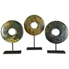 Three Small Chinese Stone Bi Discs on Stands