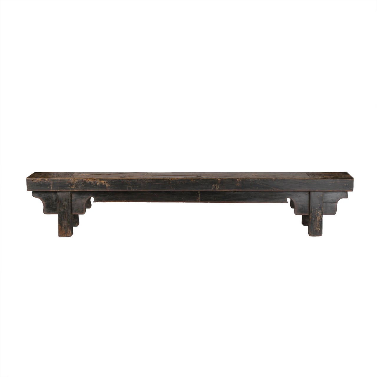 Pair of traditional elmwood Beijing benches with mortise and tenon joinery, in-set legs and plain apron.