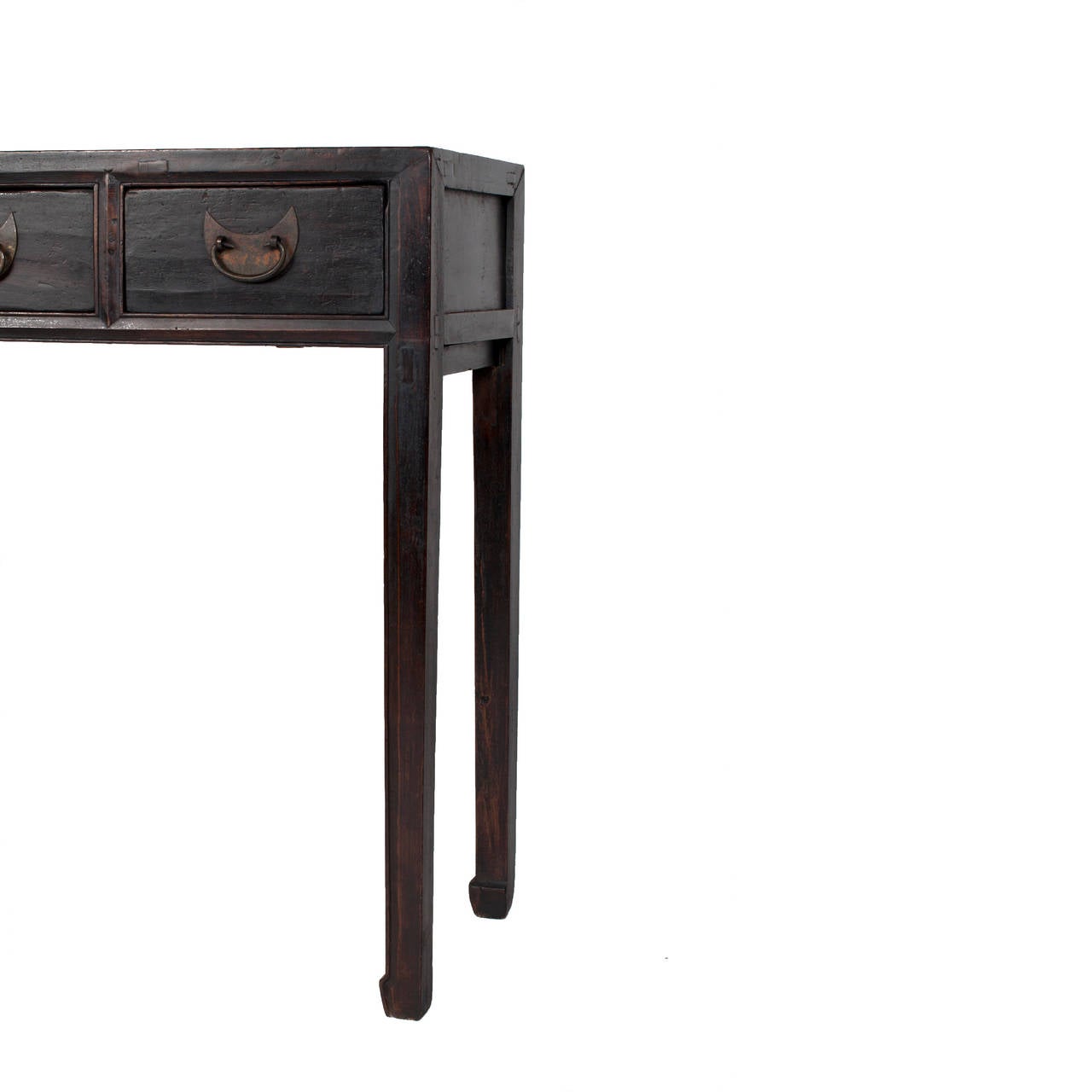 Three-drawer Chinese elm table with original brass quarter moon fittings as drawer pulls.