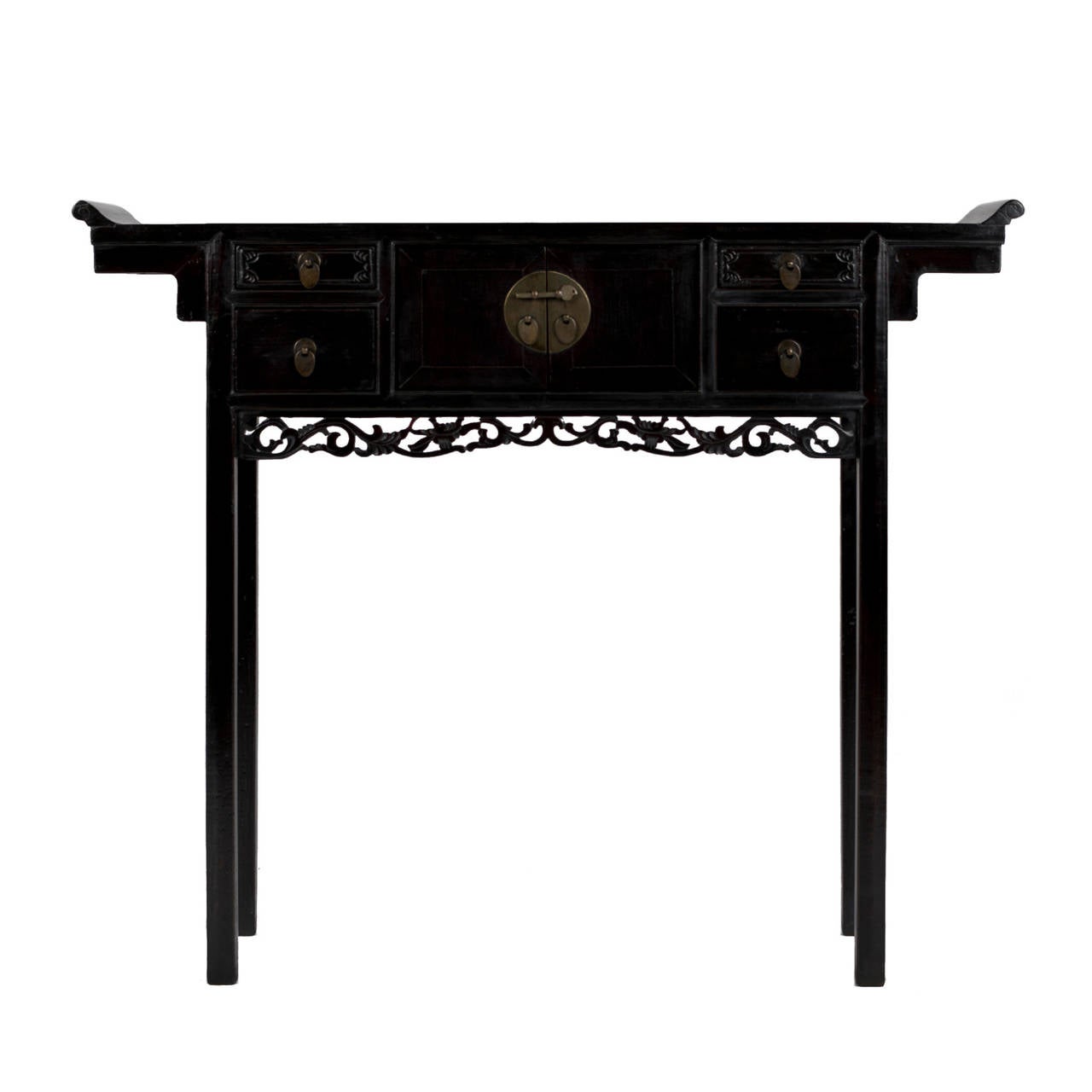Liumu petite altar coffer with everted ends, drawers and carved trailing vine apron.