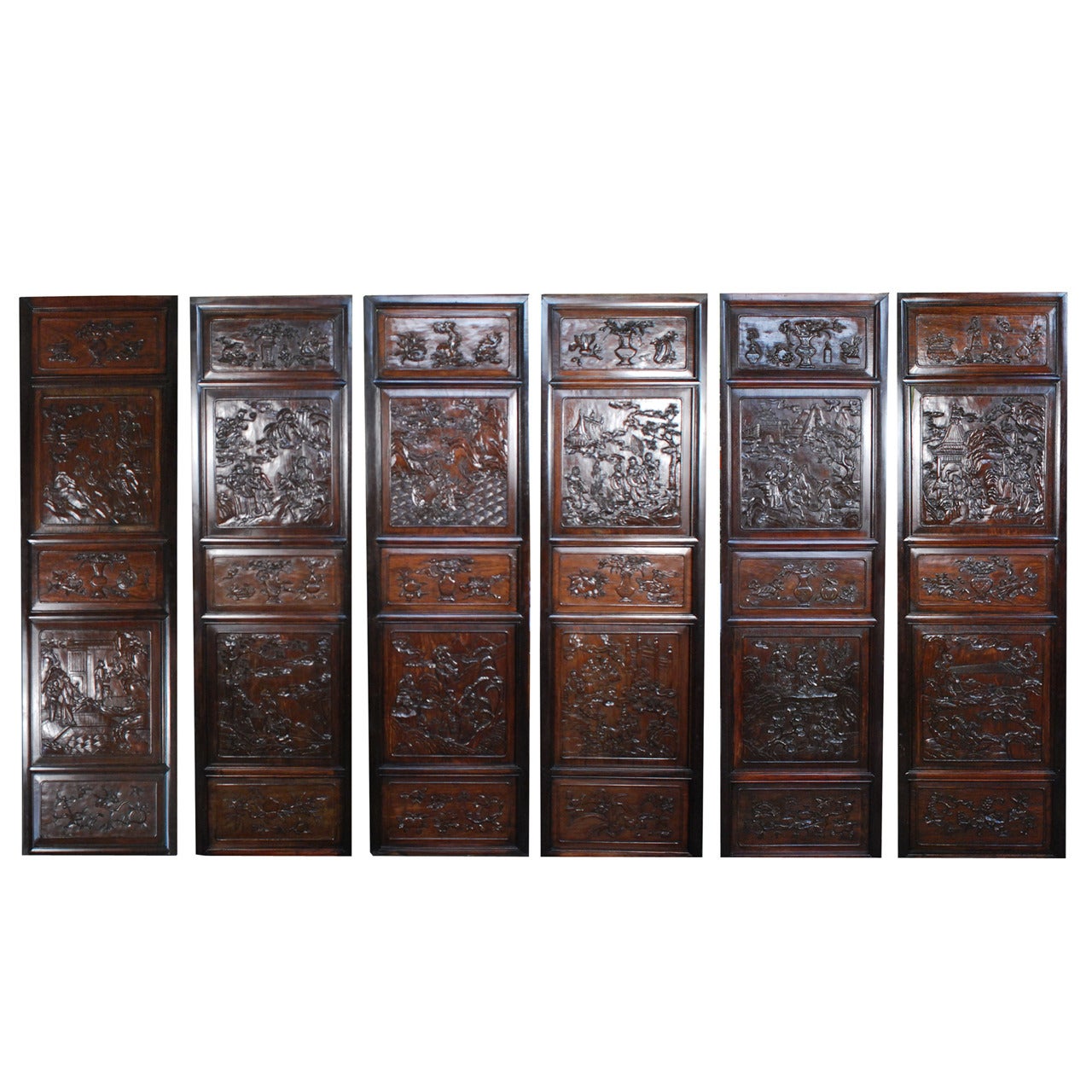 Set of Six 19th Century Rosewood Carved Panels