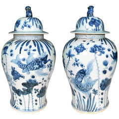 Pair of Chinese Blue and White Covered Fish Jars