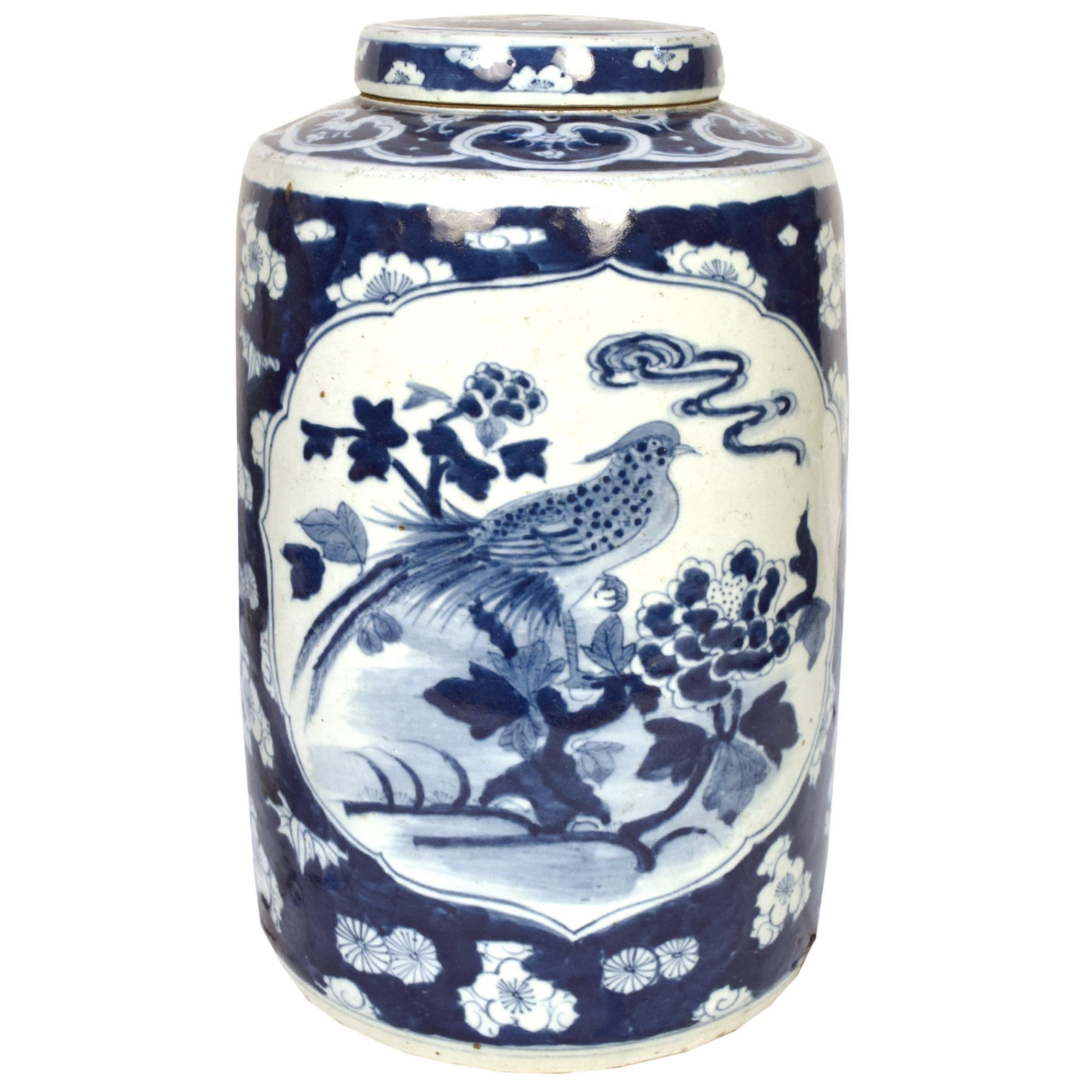 Vintage Chinese Indigo Tea Leaf Jar with Birds and Botanicals