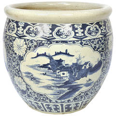 Vintage Blue and White Fish Bowl with Shan Shui Landscape