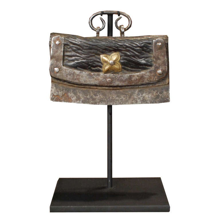 A wonderful collection of 19th century Tibetan leather, brass, iron, turquoise and coral flint purses, mounted on custom steel stands.  Dimensions listed are for the tallest piece.

Pagoda Red Collection #:  BJBB025

Keywords:  Sculpture,