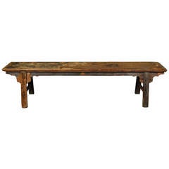 Antique 19th Century Chinese Long Lacquered Bench with Tapered legs