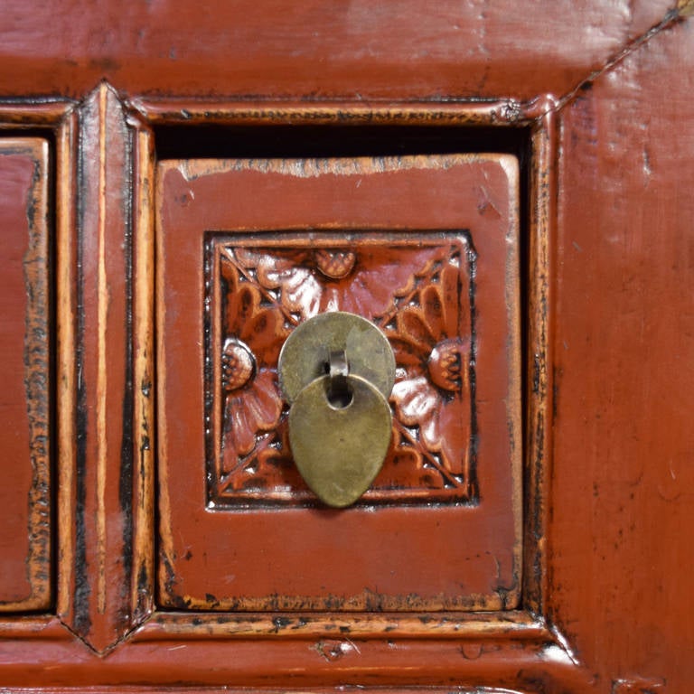 Early 20th Century Chinese, Four Drawer Red Lacquer Table with Shelf 1