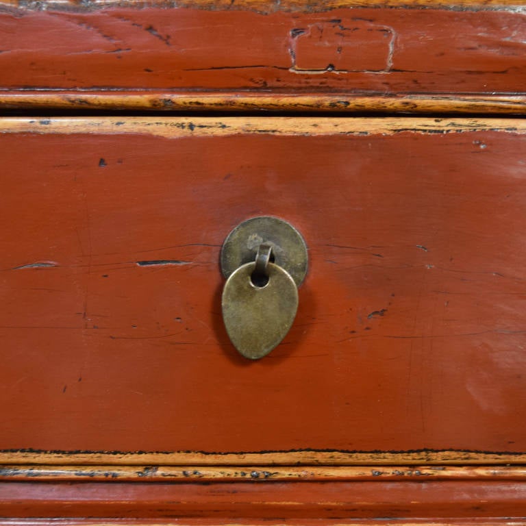 Early 20th Century Chinese, Four Drawer Red Lacquer Table with Shelf 2