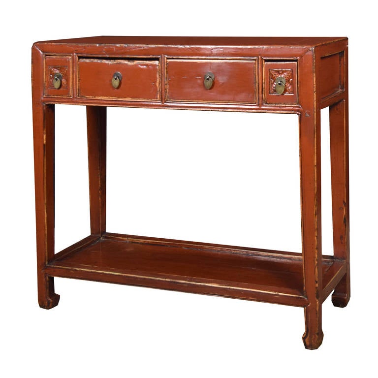 Early 20th Century Chinese, Four Drawer Red Lacquer Table with Shelf In Excellent Condition In Chicago, IL