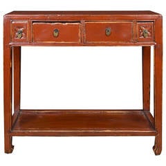 Early 20th Century Chinese, Four Drawer Red Lacquer Table with Shelf