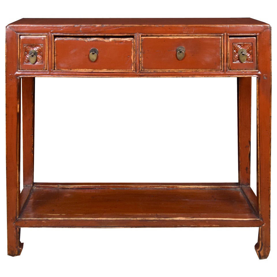 Early 20th Century Chinese, Four Drawer Red Lacquer Table with Shelf