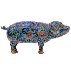 Early 20th Century Chinese Bronze Cloisonné Sow