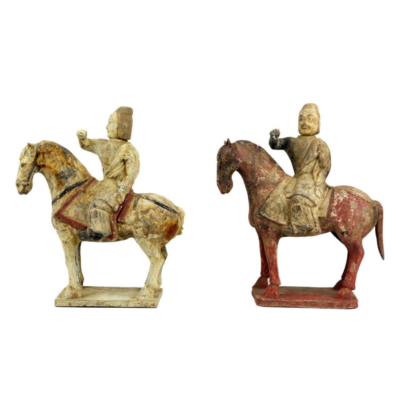 This pair of equestrians depicts soldiers of the Northern Qi Dynasty. The main characteristics of Northern Qi sculpture include the strong curve of the neck and the straight legs of the horse on a base without much movement. The depiction of the