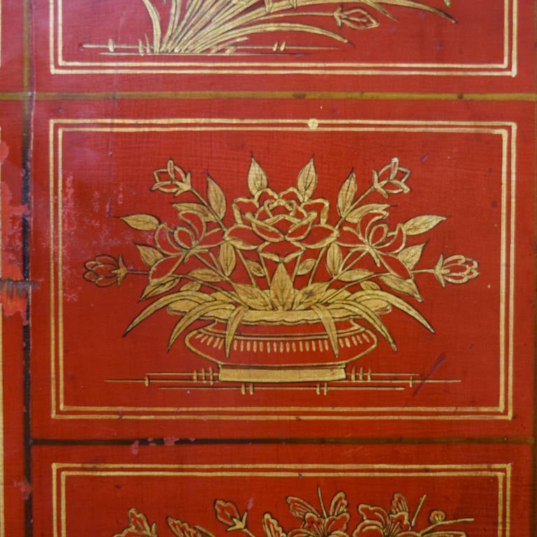 20th Century Red Lacquer Gilt Botanical Wedding Coffer