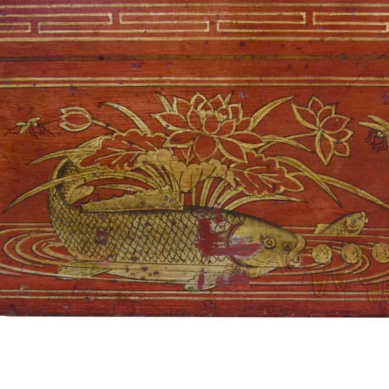 Red Lacquer Gilt Botanical Wedding Coffer In Excellent Condition In Chicago, IL