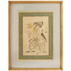 Antique 19th Century Persian Miniature Painting of a Seated Prince with Falcon