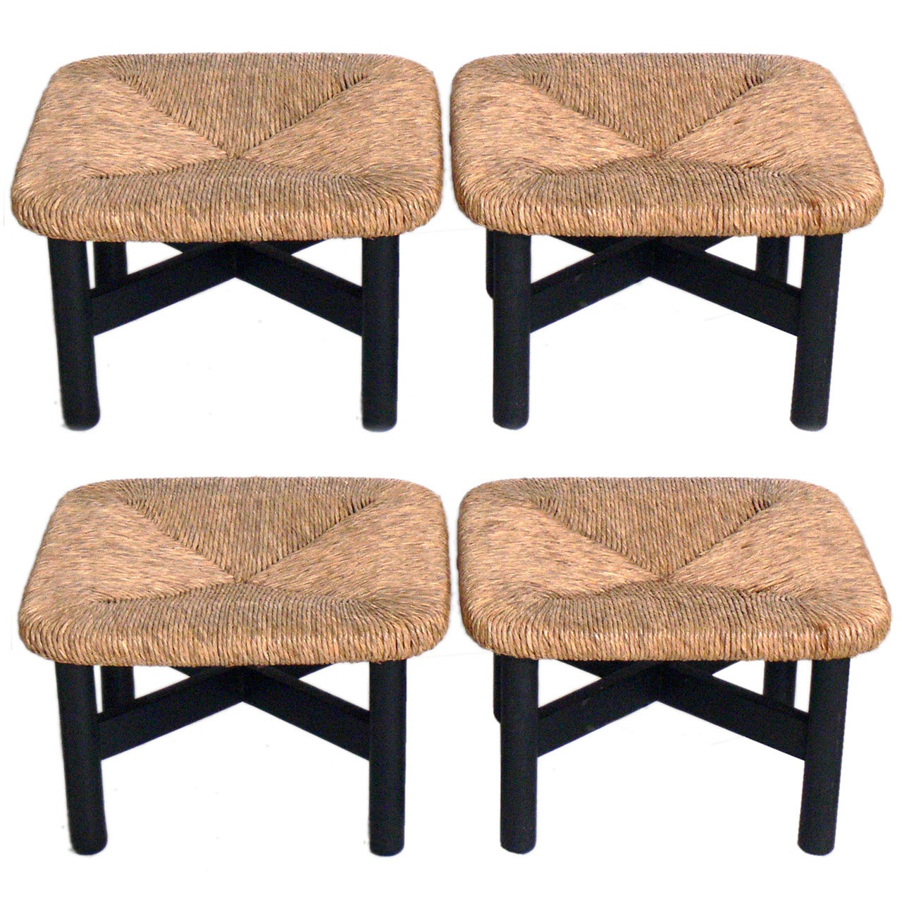 Four Woven Rush Stools or Ottomans in the manner of Charlotte Perriand