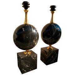 Exceptional pair of black marble tall Maison Barbier lamps - Ipso Facto