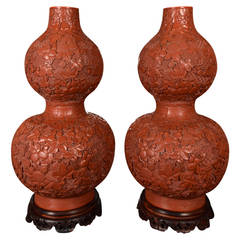 Pair of Chinese Lacquer Cinnabar Double Gourd Vases