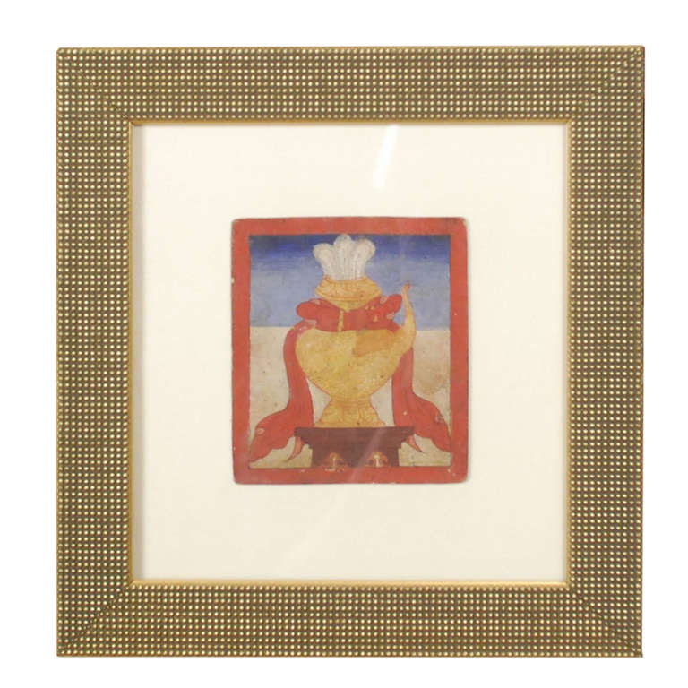 Six miniature Tibetan paintings featuring deities and ritual objects. The back of each painting identifies the subject of each image. 

Pagoda Red Collection # CHD002 A-F