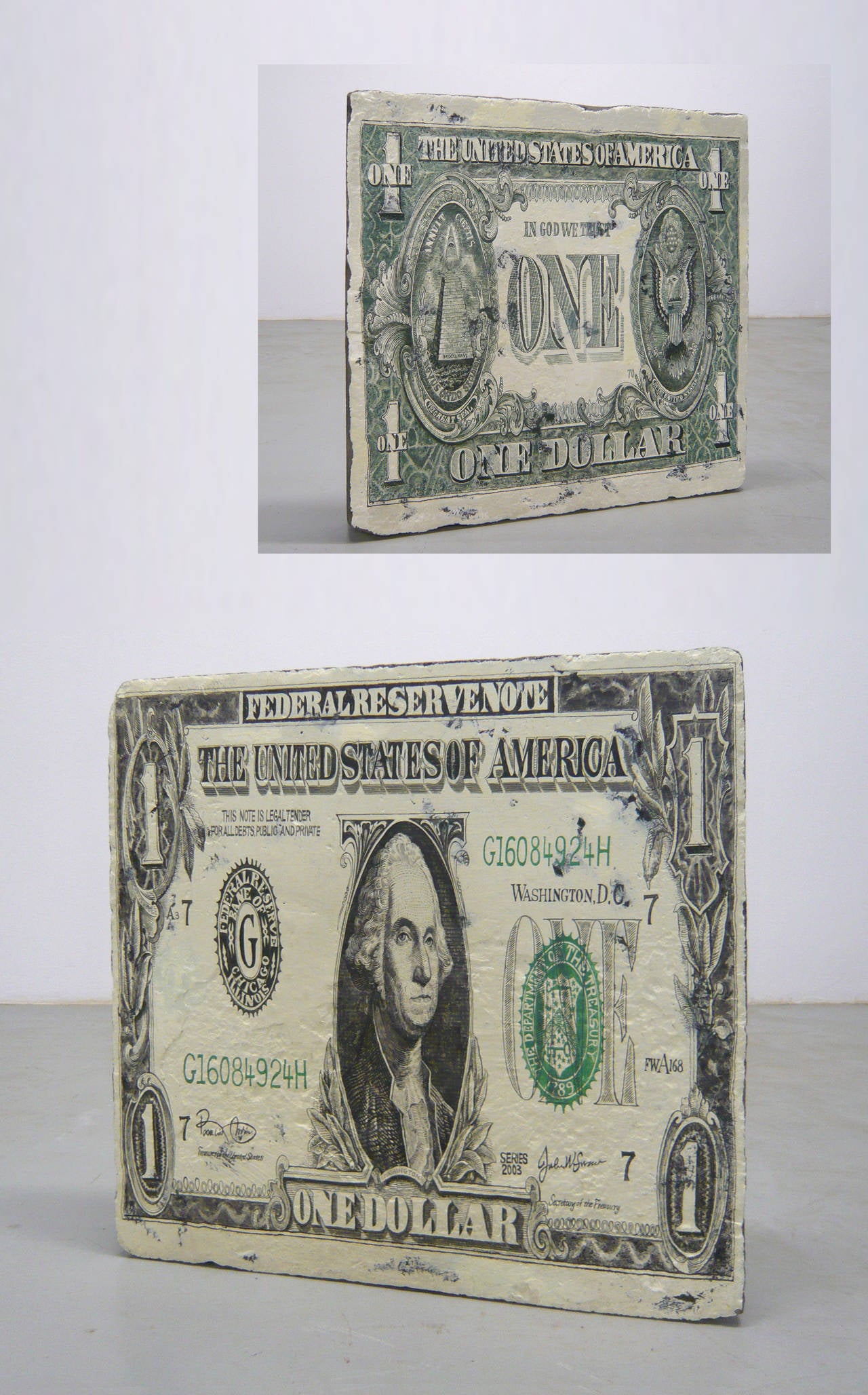 “Bank Note (One Dollar)” is from the most widely-known series of works by Wang Jin (B. 1962, Datong, Shanxi, China). He obtained antique ceramic paving tiles from the imperial kilns of the Forbidden City, and used acrylic paint to create an image of