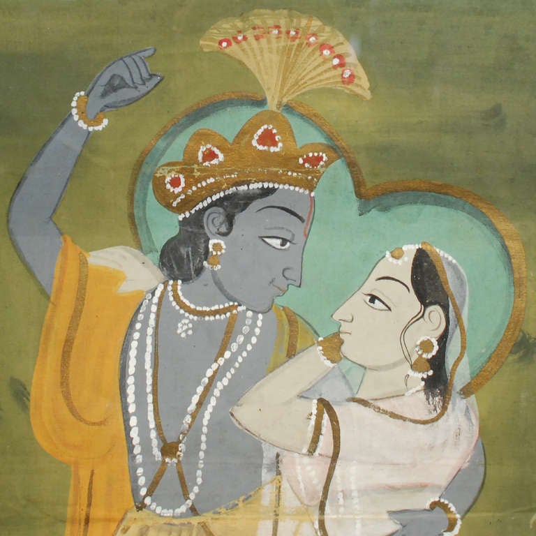 A lovely Indian Pichwai painting featuring Krishna and a female follower within a landscape scene. Painted on cloth and beautifully framed.

Pagoda Red Collection # CHD003