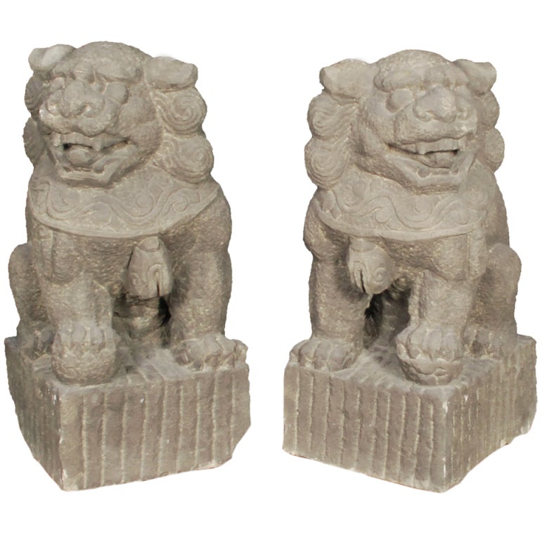 Pair of Carved Limestone Fu Dogs For Sale at 1stdibs