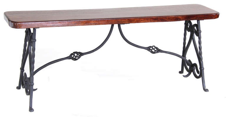 American Unusual Spanish or Colonial Style Wood and Wrought Iron Table and Benches
